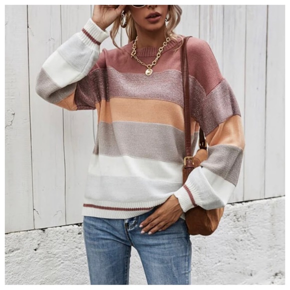 BOHO LOOSE FIT STRIPED COLOR BLOCK KNIT PULLOVER - Picture 2 of 6